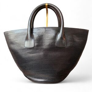 Vintage Bally Black Leather Handbag Ribbed Pleated Top Handle Made in Italy